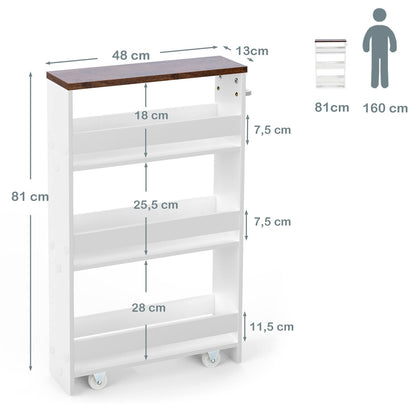 COSTWAY 4-tier rolling narrow kitchen trolley, bathroom shelf with side handle, made of wood, 48 x 13 x 81 cm (white + brown)