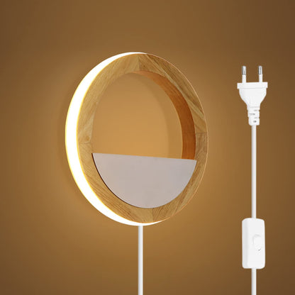 QJUZO Kids Room Wall Light Wood with Plug and Switch, 15W LED Round Indoor Wooden Wall Lamp for Bedroom Night Light Children Bed Lamp, Warm White/Cool White/Neutral White