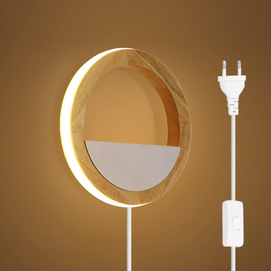QJUZO Kids Room Wall Light Wood with Plug and Switch, 15W LED Round Indoor Wooden Wall Lamp for Bedroom Night Light Children Bed Lamp, Warm White/Cool White/Neutral White