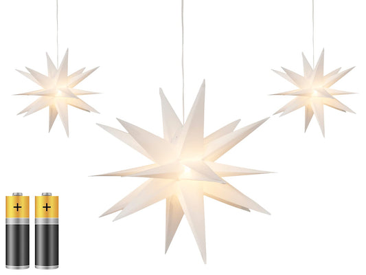 3-pack 3D LED star - Christmas star with warm white lighting, suitable for indoor and outdoor use, hanging, 100 cm cable, approx. Ø 25 cm, battery-operated (white)