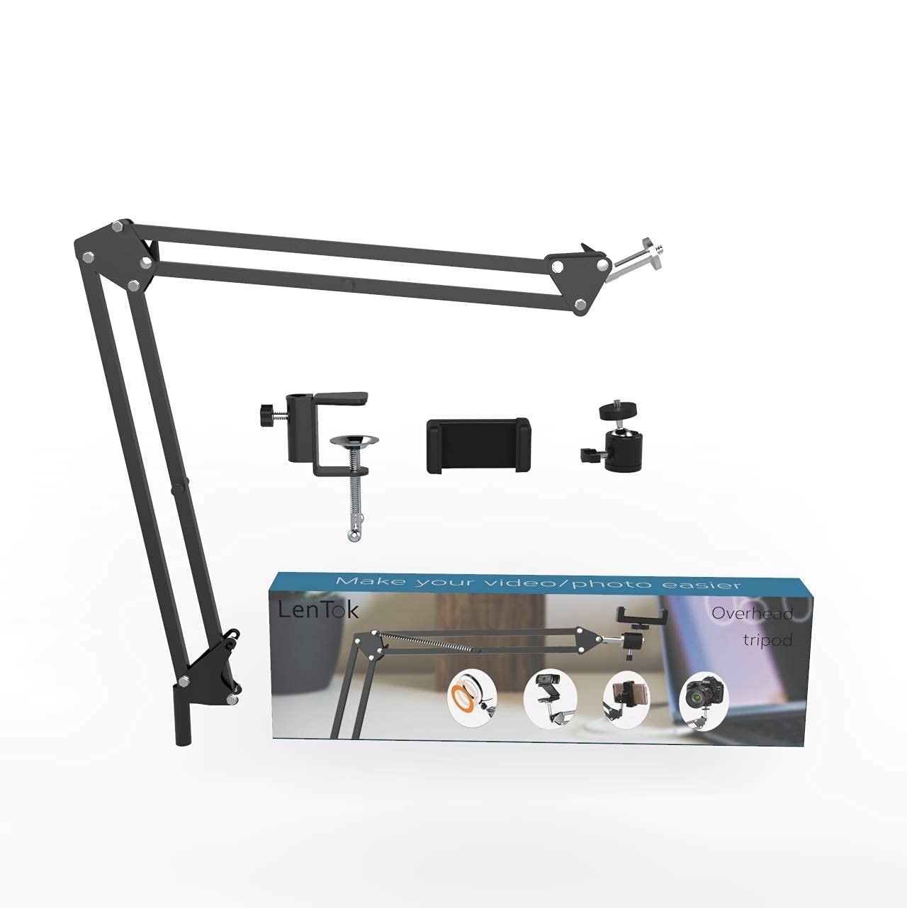 Overhead stand for camera webcam ring light, flexible overhead arm for iPhone with phone holder, table stand accessory for phone video recording live stream.