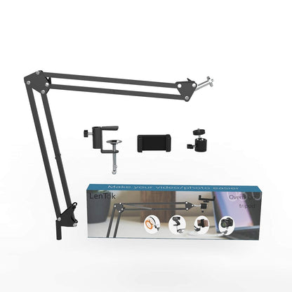 Overhead stand for camera webcam ring light, flexible overhead arm for iPhone with phone holder, table stand accessory for phone video recording live stream.