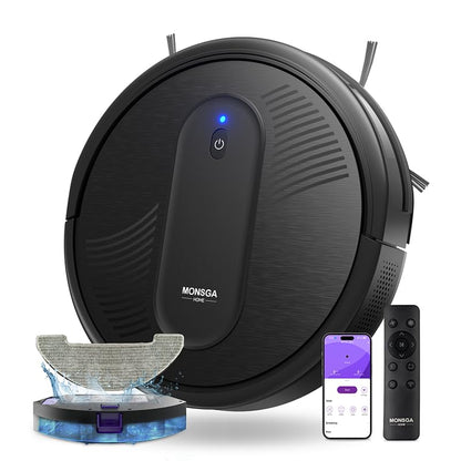 MONSGA robotic vacuum cleaner with mopping function 3 in 1, vacuum robot 3000PA, robot vacuum with 2 brushes, self-charging, WiFi, 140mins runtime, ideal for pet hair, carpet, hard floor (Black)