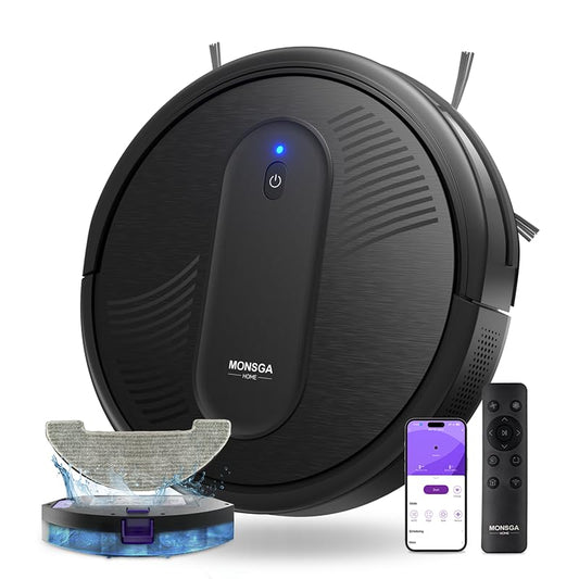 MONSGA robotic vacuum cleaner with mopping function 3 in 1, vacuum robot 3000PA, robot vacuum with 2 brushes, self-charging, WiFi, 140mins runtime, ideal for pet hair, carpet, hard floor (Black)