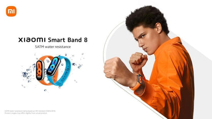XIAOMI Smart Band 8 Fitness Tracker features a 1.62 Inch AMOLED Display, 16 Days Battery Life, 5ATM water resistance, SpO2 Tracking, Sleep and Pulse Monitoring, 150+ Training Modes, and Pedometer in Champagne Gold color.