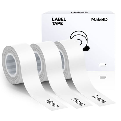 MakeID label tape compatible with L1/Q1/E1 (16mm x 4m) Self-adhesive plastic as label tapes 3 x white