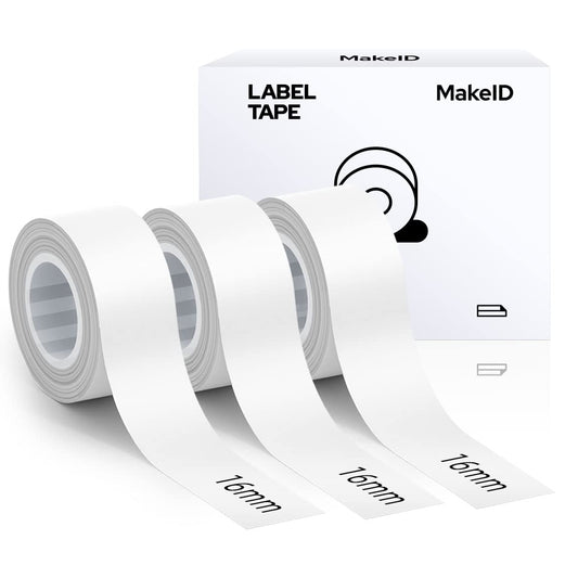 MakeID label tape compatible with L1/Q1/E1 (16mm x 4m) Self-adhesive plastic as label tapes 3 x white