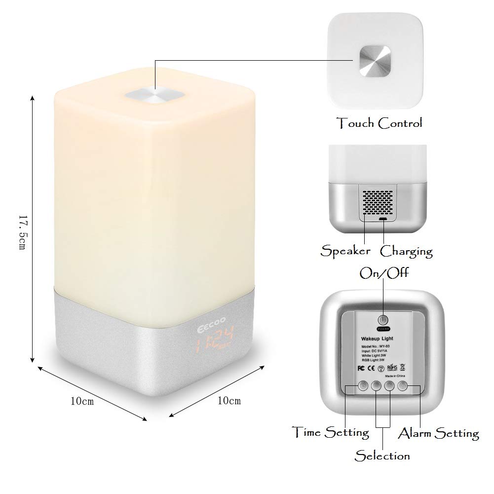 Wake-up light alarm clock, Finether Sunrise alarm clock with 5 nature sounds, USB rechargeable night light touch control lamp.