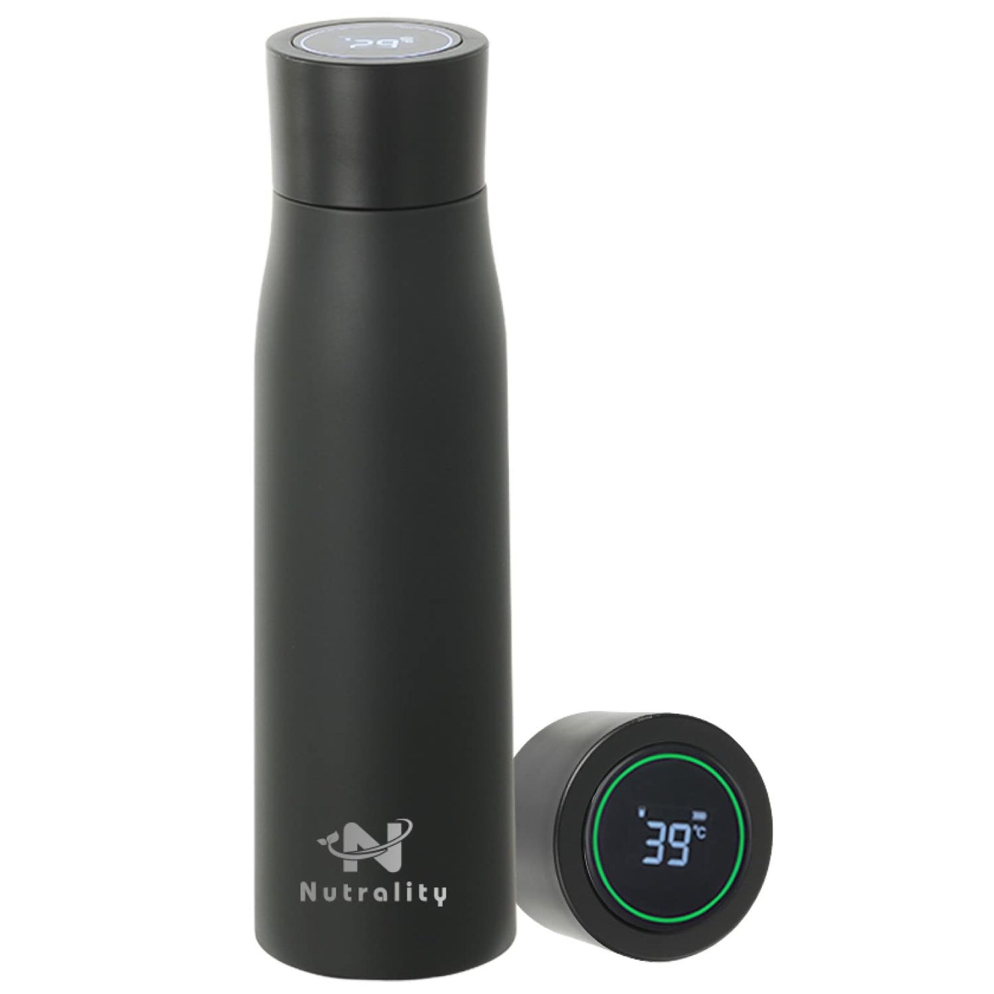 Nutrality UV-filtered 500ml water bottle - Stainless steel self-cleaning water purifier with LED temperature display lid & drink reminder function - Camping, hiking, traveling, sports (black)