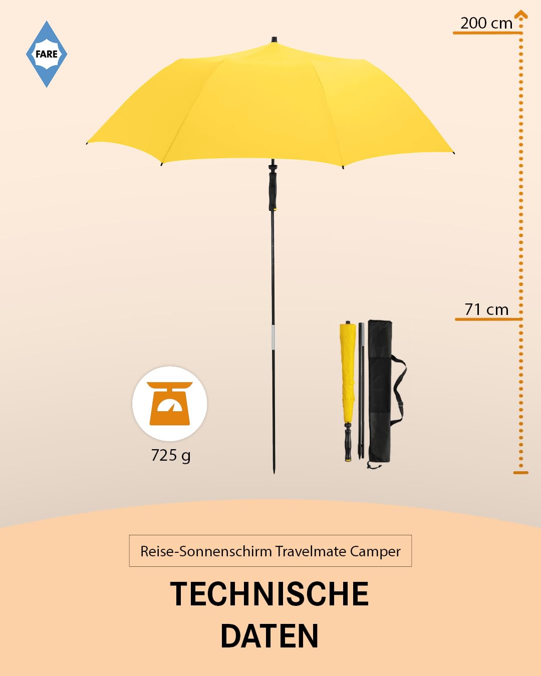 FARE Travel-Sun Umbrella Travelmate Camper - Lightweight & Compact, UV protection UPF50+, Perfect for Travel, Beach, Outdoor & Camping - Can also be used as a rain umbrella.