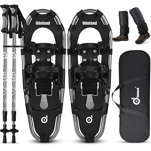 Odoland snowshoes with crampons Allround 4 IN 1 for men and women with trekking poles, waterproof gaiters, and carrying bag, from shoe size 21 INCH silver