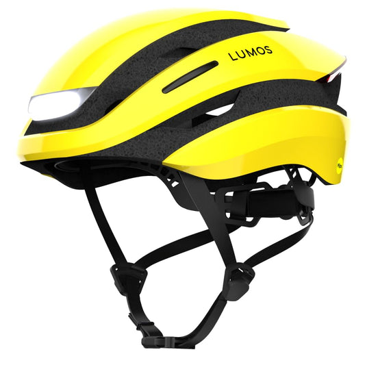 Lumos Ultra Smart Helmet | Bike helmet | Front and rear lights (LED) | turn signals | brake lights | Bluetooth connectivity | Adults: Men, Women (Raincoat Yellow, Size: M-L) MIPS