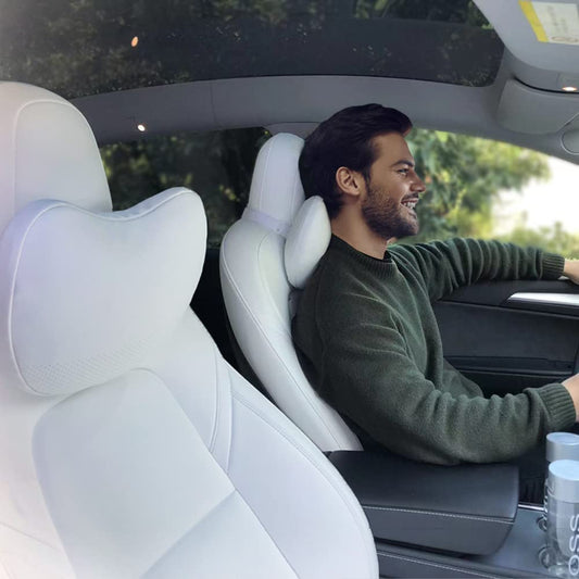 TESBEAUTY Upgraded Auto Headrest Pillow 2 Pack Genuine Nappa Leather Car Neck Pillow Tesla Model Y Model 3 Model X Model S Universal Fit Neck Support Pillow White