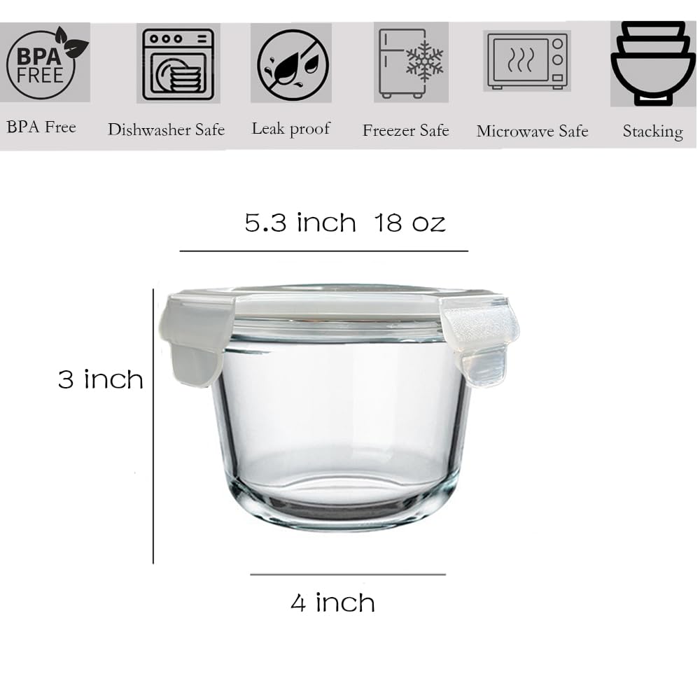 H.JSS WDJS Glass Soup Container, 520ml Food Storage with Lid, Round Glass Container with Lid, Reusable Containers, Meal Prep Glass for Food, Microwave, Freezer, Dishwasher Safe (4 pack)