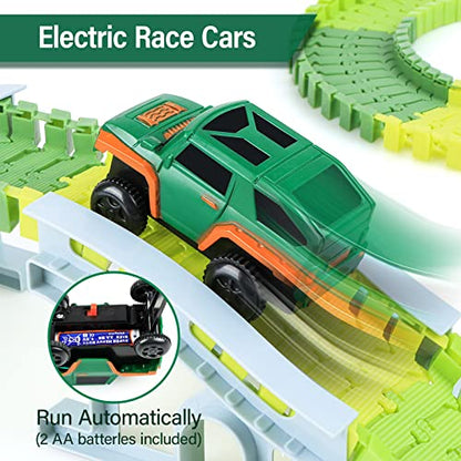 Kizplays 260pcs Car Racing Track 6 Cars Excavator Toy from Toy Cars Highway from 3 4 5 6 Years Boys Girls, Flexible Track Crane Games, Electric Car Racing Track for Kids (Green)