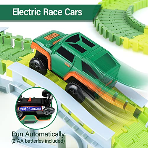 Kizplays 260pcs Car Racing Track 6 Cars Excavator Toy from Toy Cars Highway from 3 4 5 6 Years Boys Girls, Flexible Track Crane Games, Electric Car Racing Track for Kids (Green)