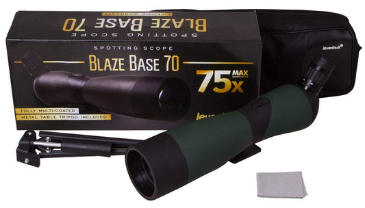 Levenhuk Blaze Base 70 Portable Spotting Scope with BK-7 glass optics, metal table tripod, and carrying case for observing wildlife, urban, and natural landscapes.