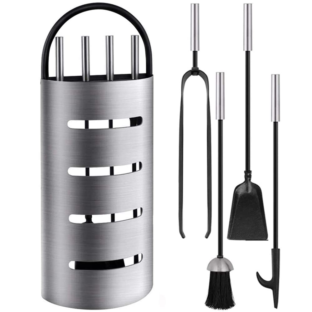 Amagabeli 21.3" (54cm) 4 Piece Fireplace Tool Set Heavy Duty Fireplace Tools Set Silver Wrought Iron Fireplace Companion Set Fireplace Iron Block Holder Fire Pit Lienbacher Fireplace Wood Stove Tools Fire Tongs