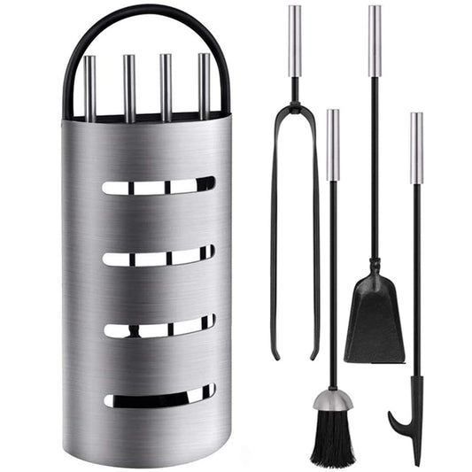 Amagabeli 21.3" (54cm) 4 Piece Fireplace Tool Set Heavy Duty Fireplace Tools Set Silver Wrought Iron Fireplace Companion Set Fireplace Iron Block Holder Fire Pit Lienbacher Fireplace Wood Stove Tools Fire Tongs