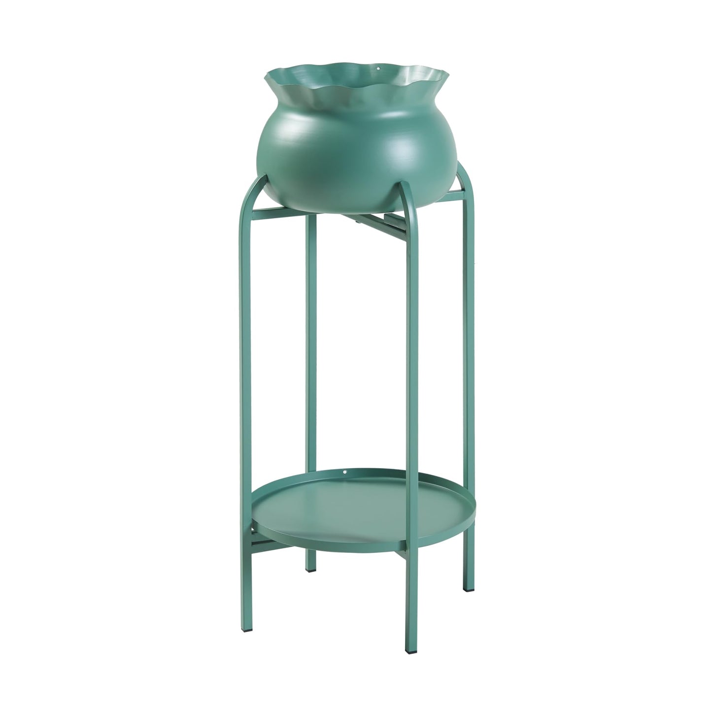 [en.casa] Altena flower stand with plant pot and shelf made of metal in green, plant shelf 80.5 x 40 x 40 cm, flower column for indoors, plant pot stand