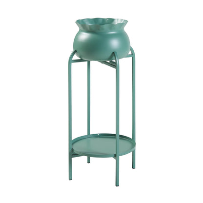 [en.casa] Altena flower stand with plant pot and shelf made of metal in green, plant shelf 80.5 x 40 x 40 cm, flower column for indoors, plant pot stand
