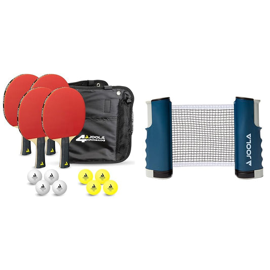 JOOLA Table Tennis Set Quattro, 4 Table Tennis rackets + 10 Table Tennis balls + Bag, 28.5x26x8.5cm & extendable portable Table Tennis net Connect, Set (adjustable length)