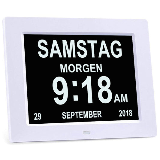 8-inch Digital Alarm Clock, Digital Calendar Day Clock, Alarm Clock Multiple Modes with Reminder Function for Seniors, Dementia such as Alzheimer's Patients, Large Font Electronic Calendar Day Clock - White