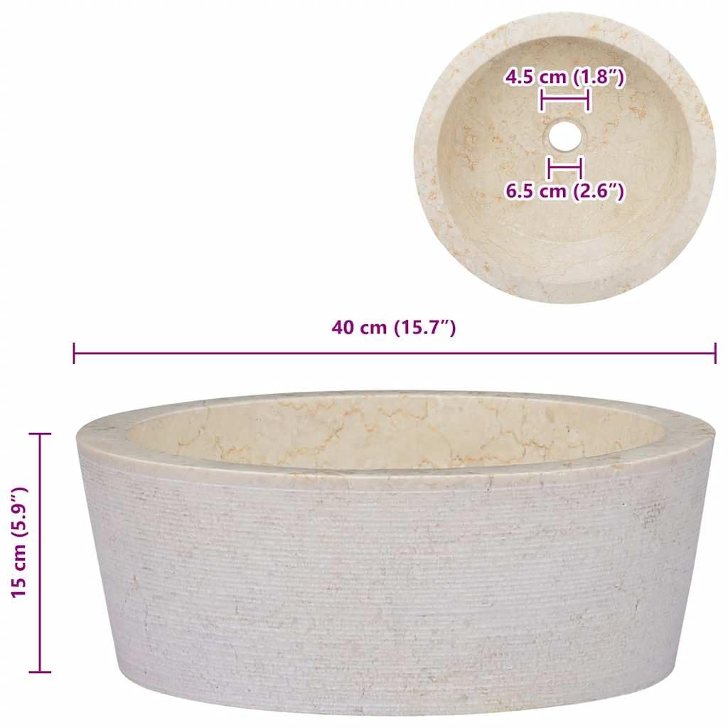 vidaXL Bathroom Sink Countertop Washbasin Vanity Washstand Washbowl Hand Basin Natural Stone Vessel Cream Ø40x15cm Marble