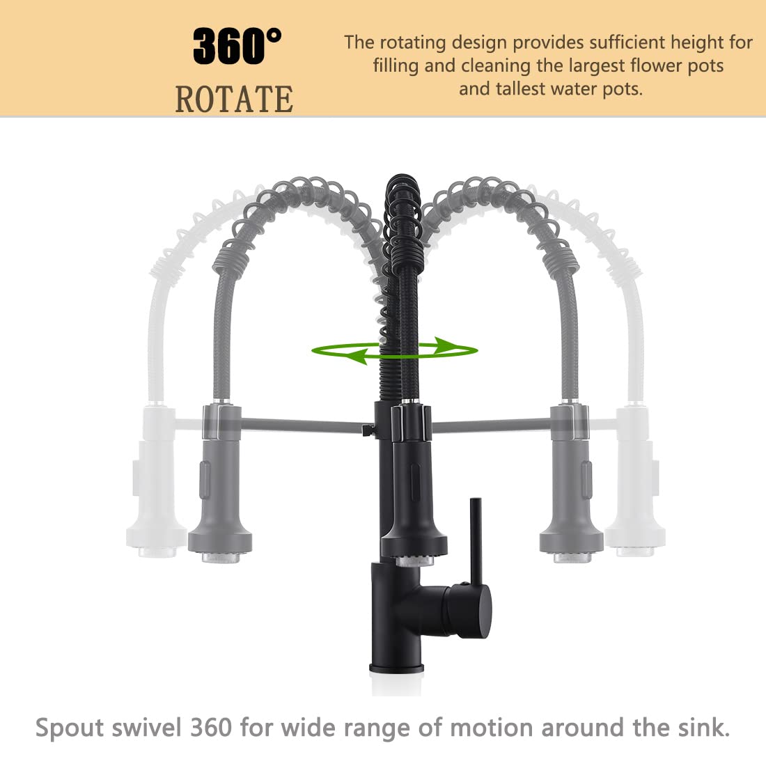 TIMACO LED Black Kitchen Faucet with Spiral Spring,360° Swivel Sink Faucet,Sprayer Pull-Out - High Pressure