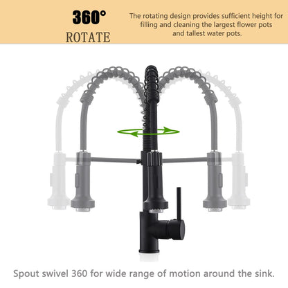 TIMACO LED Black Kitchen Faucet with Spiral Spring,360° Swivel Sink Faucet,Sprayer Pull-Out - High Pressure