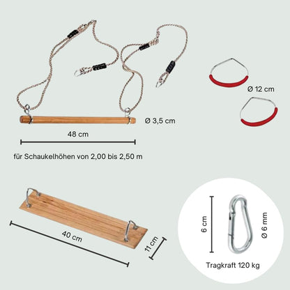 h2i set with swing board, gymnastic rings & trapeze swing | wooden trapeze bar with ropes & carabiner hooks | kids swing for outdoor & indoor use | gymnastics equipment for children