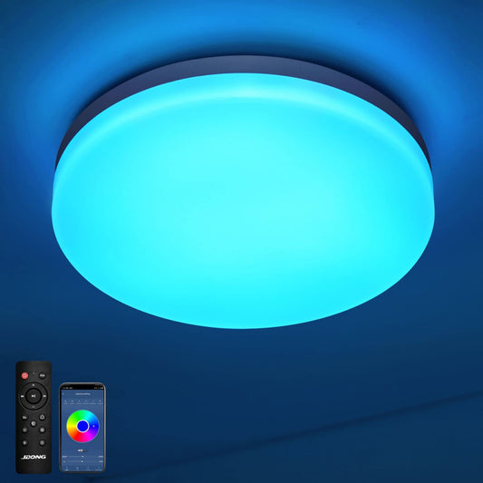 Bluetooth ceiling light 24W LED ceiling lamp with speaker, remote control and app control, RGB color changing, dimmable, IP44 waterproof, White noise adjustable for bedroom children's room Ø26CM