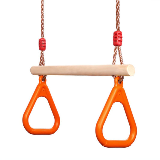 PELLOR Multifunctional Kids Wooden Trapeze Swing with Plastic Gym Rings, supports up to 160KG.