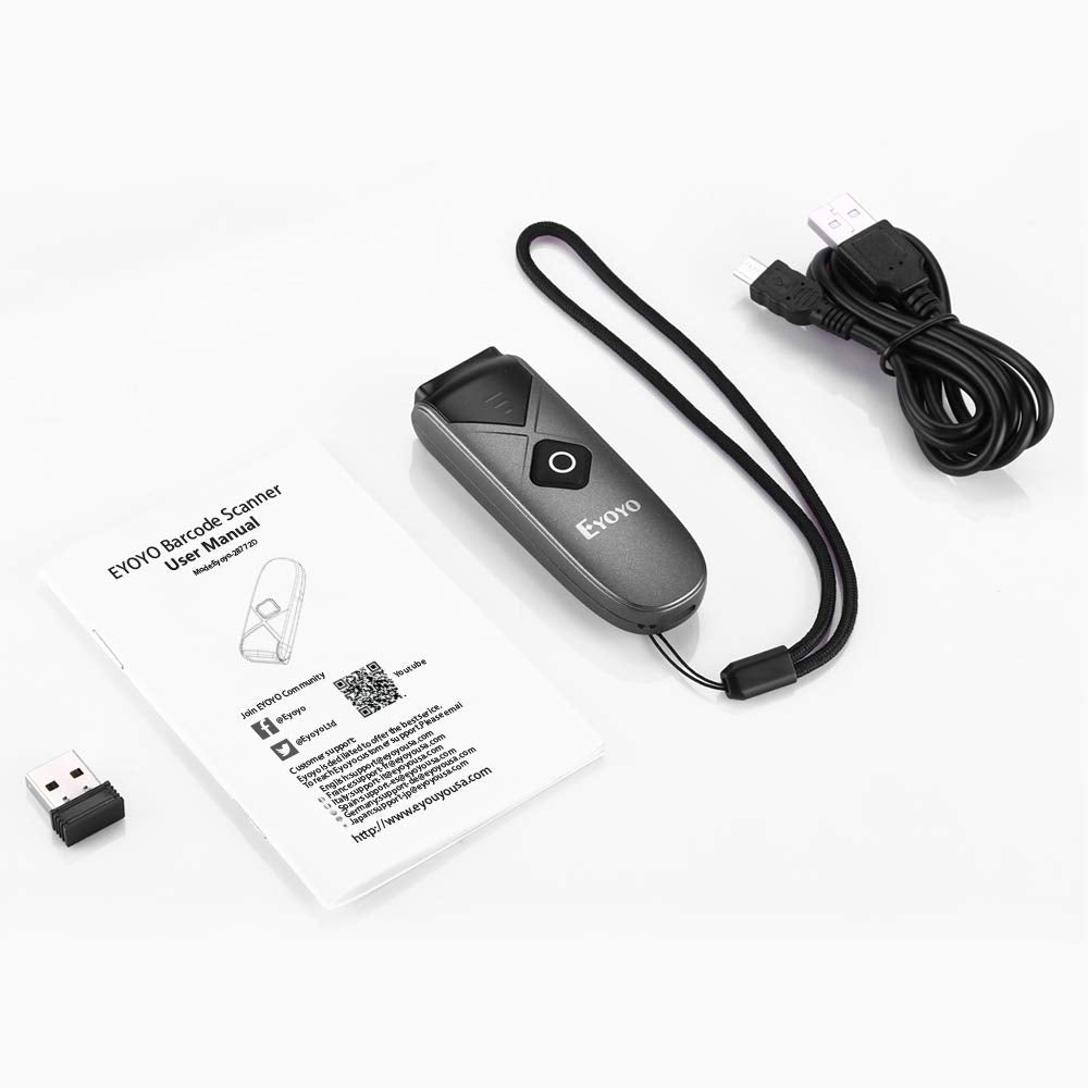 Eyoyo 2D QR barcode scanner, 1D mini barcode reader with 3-in-1 USB cable/Bluetooth/2.4G wireless connection for iOS, Android, tablets, and PC.