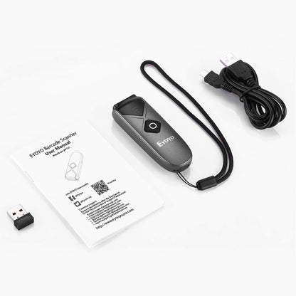 Eyoyo 2D QR barcode scanner, 1D mini barcode reader with 3-in-1 USB cable/Bluetooth/2.4G wireless connection for iOS, Android, tablets, and PC.