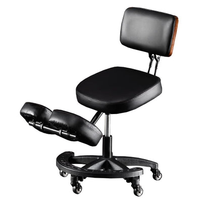 YOOTMEEN YDM-1458-2C ergonomic office kneeling chair with back support, adjustable height and angle, upright sitting position, thick comfortable cushions, black with walnut wood finish.