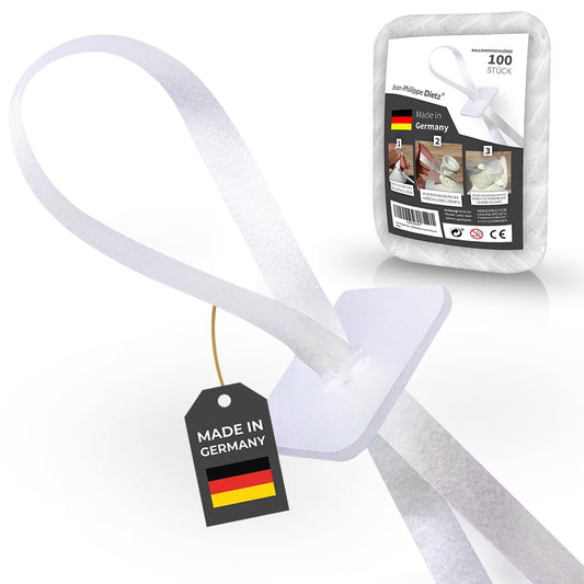 100 Balloon Closures Helium with White Poly Ribbon | Made in Germany | Balloon Ribbon with Quick Closure | Balloon Closure Balloon Ribbons | Jean-Philippe Dietz® Balloon Closures