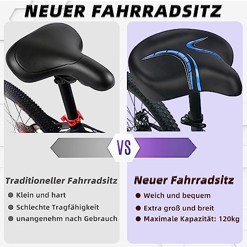 Oversized bike saddle for men & women - Comfortable, soft, extra wide, ergonomic, padded bike seat - Universal replacement bicycle saddle, suitable for mountain bike, city bike, e-bike, exercise bike.