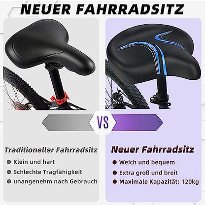 Oversized bike saddle for men & women - Comfortable, soft, extra wide, ergonomic, padded bike seat - Universal replacement bicycle saddle, suitable for mountain bike, city bike, e-bike, exercise bike.