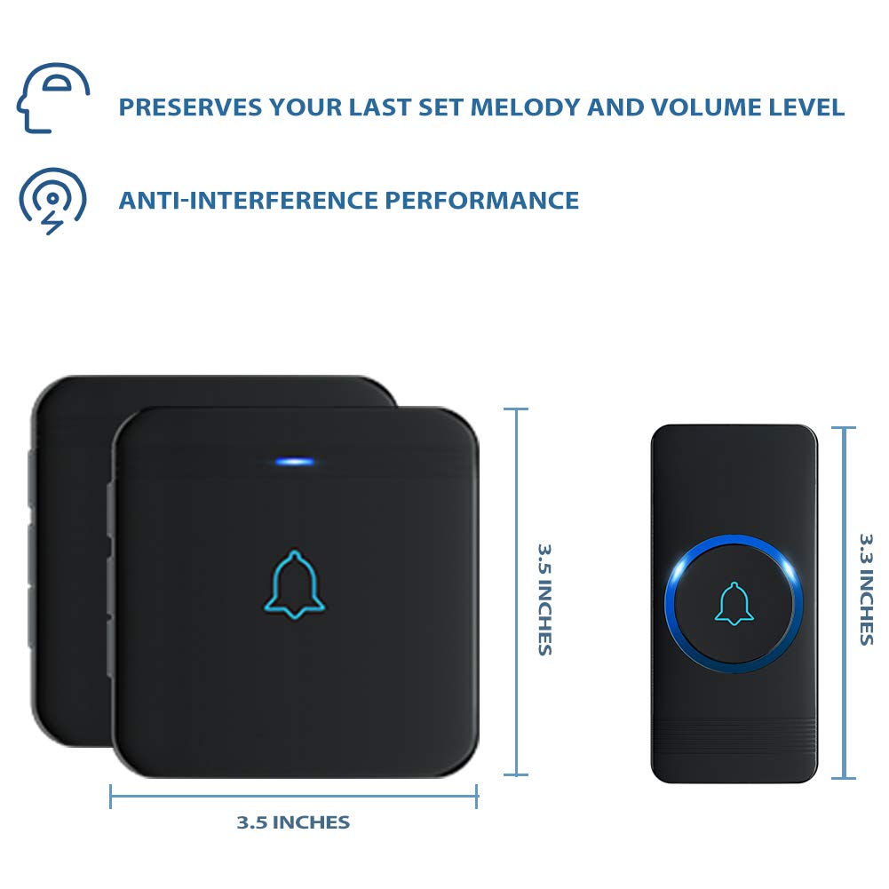 AVANTEK wireless doorbell, 400m range, IP55 waterproof outdoor doorbell with 2 plug-in receivers, 52 melodies, 5 volume levels, receiver simply plugs into outlet.