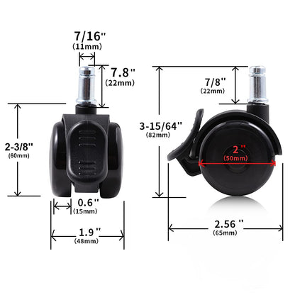 Office chair casters with brakes 11mm hard floor castors for office chairs 5-piece set replacement casters desk chair castors, rubber castors for carpet and parquet floors and tiles, office chair castors 50mm up to 250kg