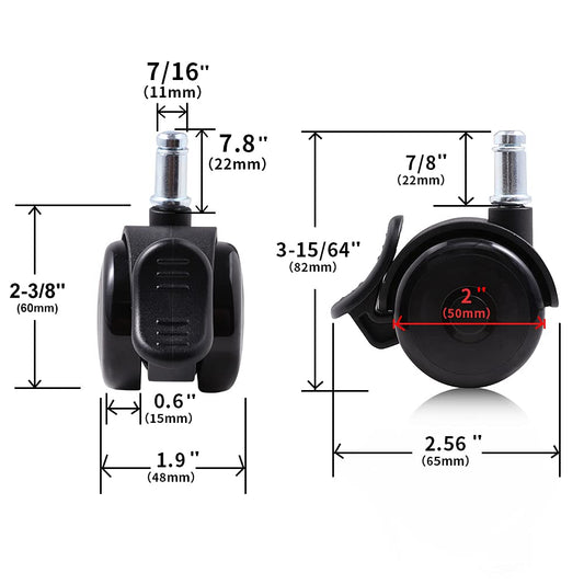 Office chair casters with brakes 11mm hard floor castors for office chairs 5-piece set replacement casters desk chair castors, rubber castors for carpet and parquet floors and tiles, office chair castors 50mm up to 250kg