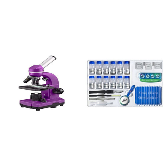 Bresser Junior Student Microscope BIOLUX SEL with smartphone holder in violet & Bresser Junior Experiment Kit for microscopy beginners with slides, magnifying glass, and microscope tools.