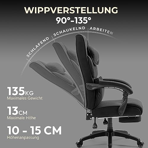 Dowinx office chair, ergonomic with footrest and padded armrest, fabric, high back swivel computer chair, adjustable executive chair up to 150 KG (Black)