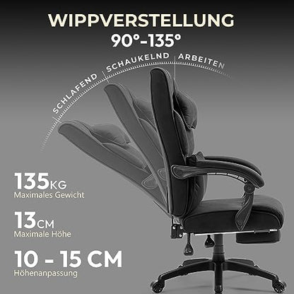 Dowinx office chair, ergonomic with footrest and padded armrest, fabric, high back swivel computer chair, adjustable executive chair up to 150 KG (Black)