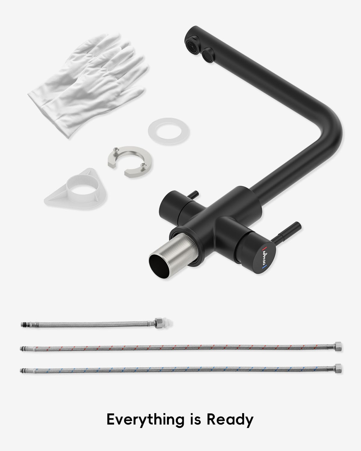 APPASO 3-Way Water Faucet Black, Kitchen Faucet 3 Way 360° Rotatable, 3-in-1 Kitchen Mixer Tap for Water Filter, Drinking Water Faucet with 2 Handles, Three-Way Faucet, Stainless Steel Black Sink Faucet.