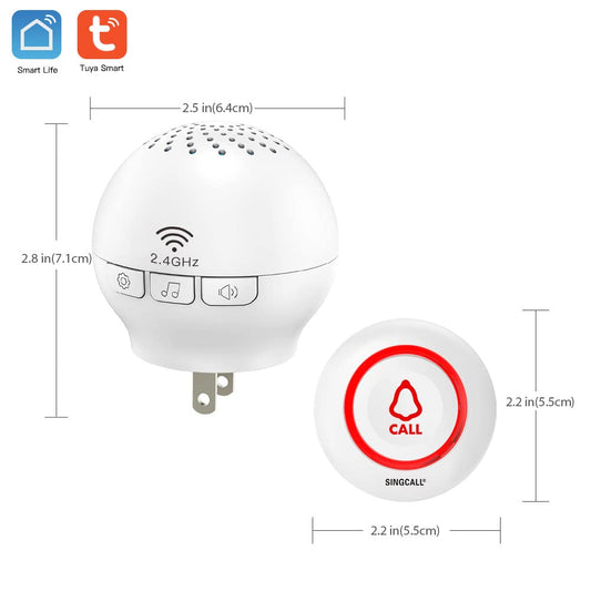 SINGCALL Tuya WiFi Wireless Call System (Equipment Upgrade), alarm system for elderly/patients/pregnant women, wireless call alarm with long range, 1 receiver + 2 call buttons for home.