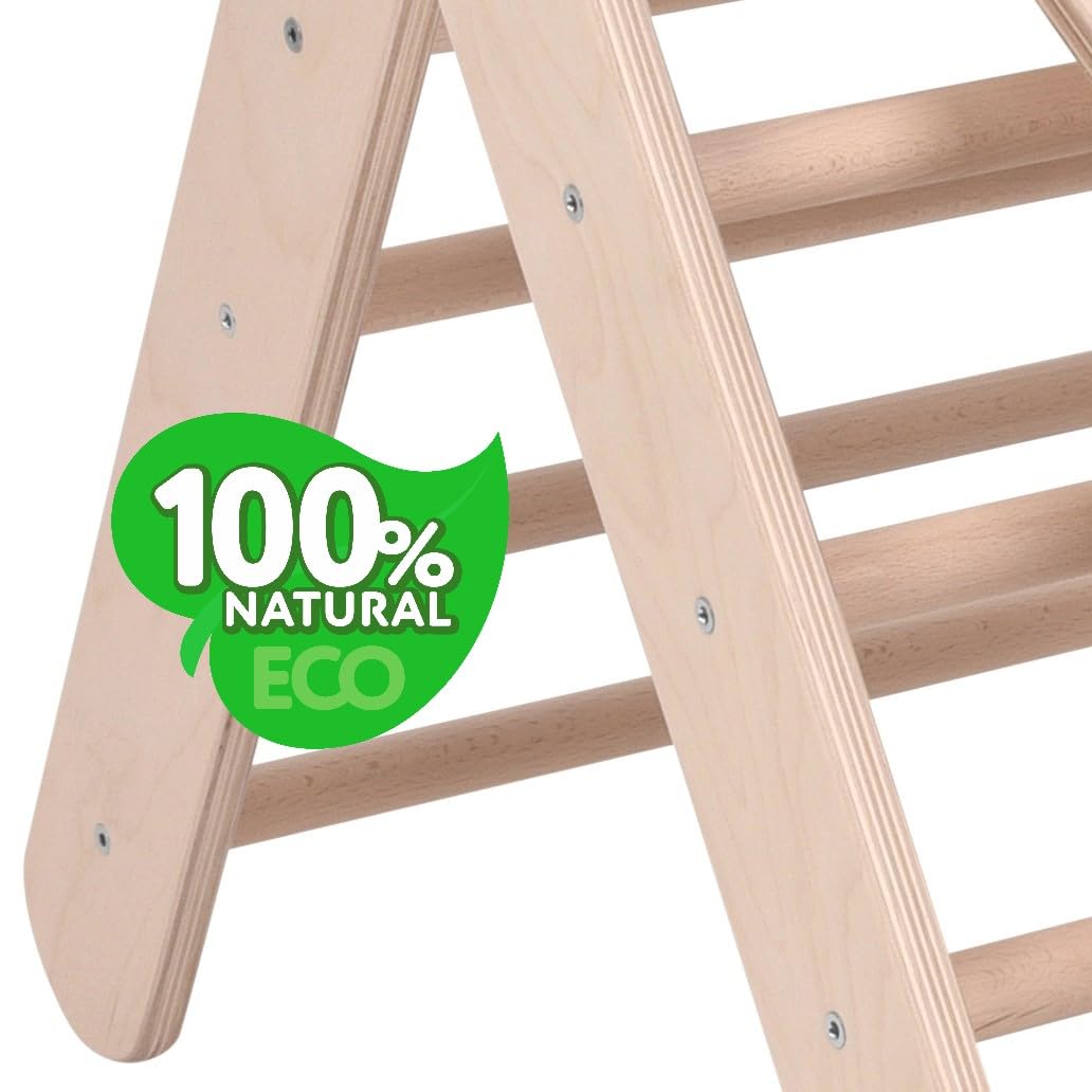 GOODEX Climbing Triangle with Slide is expandable and adjustable. Indoor climbing frame made of birch wood, suitable for babies and children from 10 months old. Can be used as a Pikler Triangle or as a folding ladder.