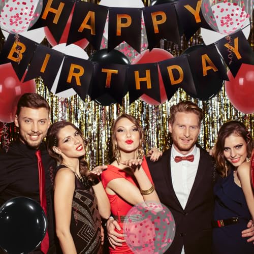 Happy Birthday Banner, Red Birthday Decorations, 16 pieces 12 inch balloons with 2 strings for men, women, girls, and boys party decoration