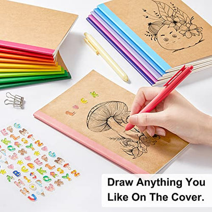 feela Notebooks with kraft paper cover, lined, blank, travel journal, rainbow spine, for students, business, 60 pages, 21.1 x 14 cm, A5, 16 colors, 48 pieces